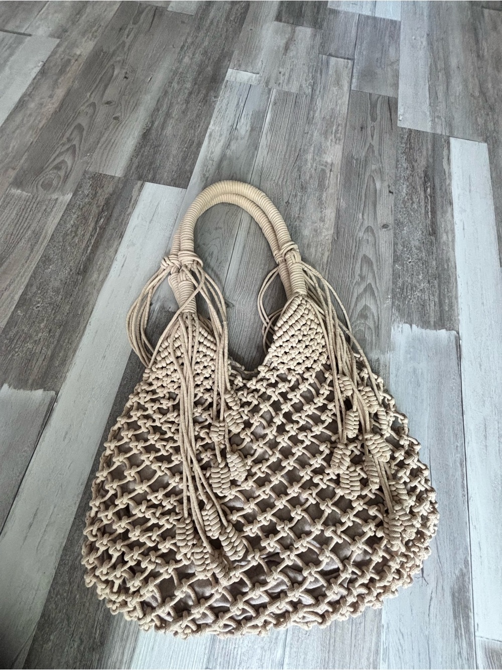 Monserat De Lucca Natural Beige Macramé Tote with Tassel Handles